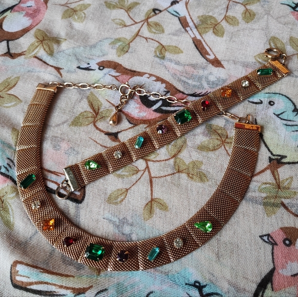 Unsigned Hobe? Mesh Prong Set Gold Tone Mesh Necklace and Bracelet Vintage EUC - Picture 1 of 11